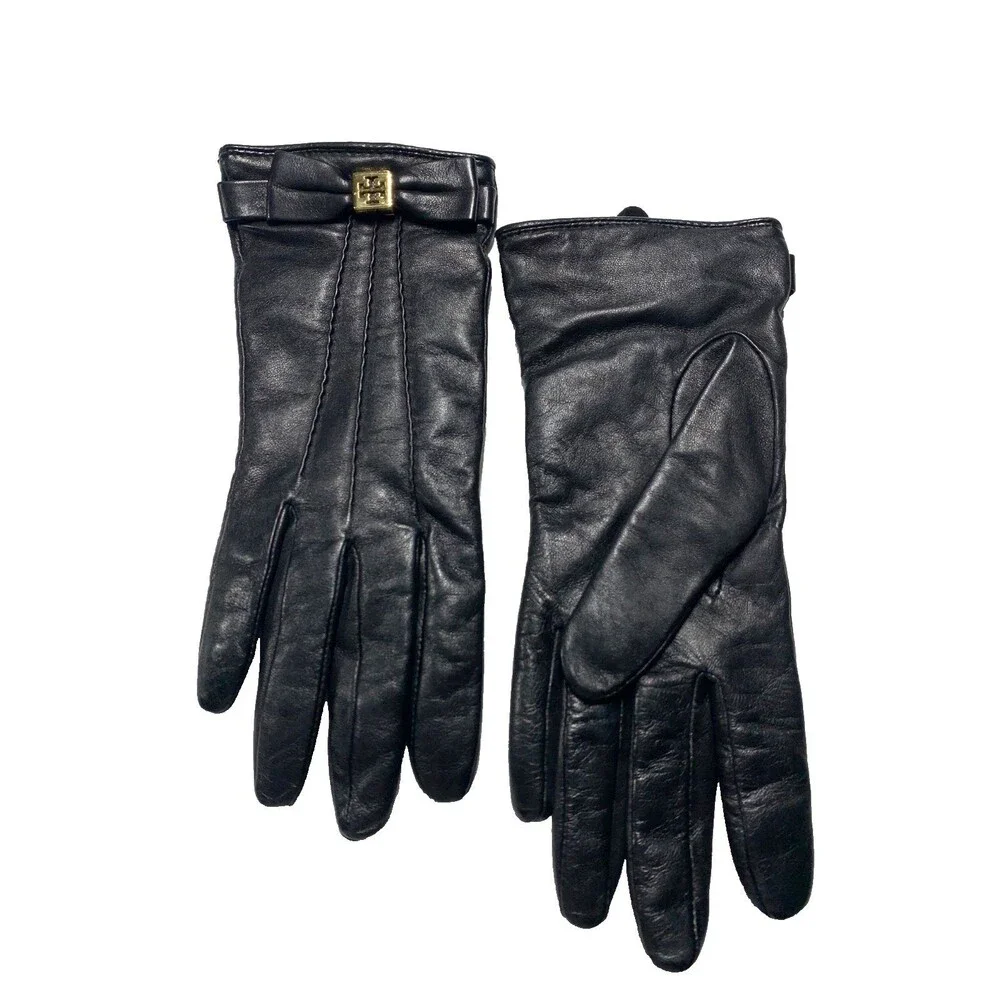 Tory Burch Black Leather Bow Gloves Cashmere Lined Size 7 Medium 32135068